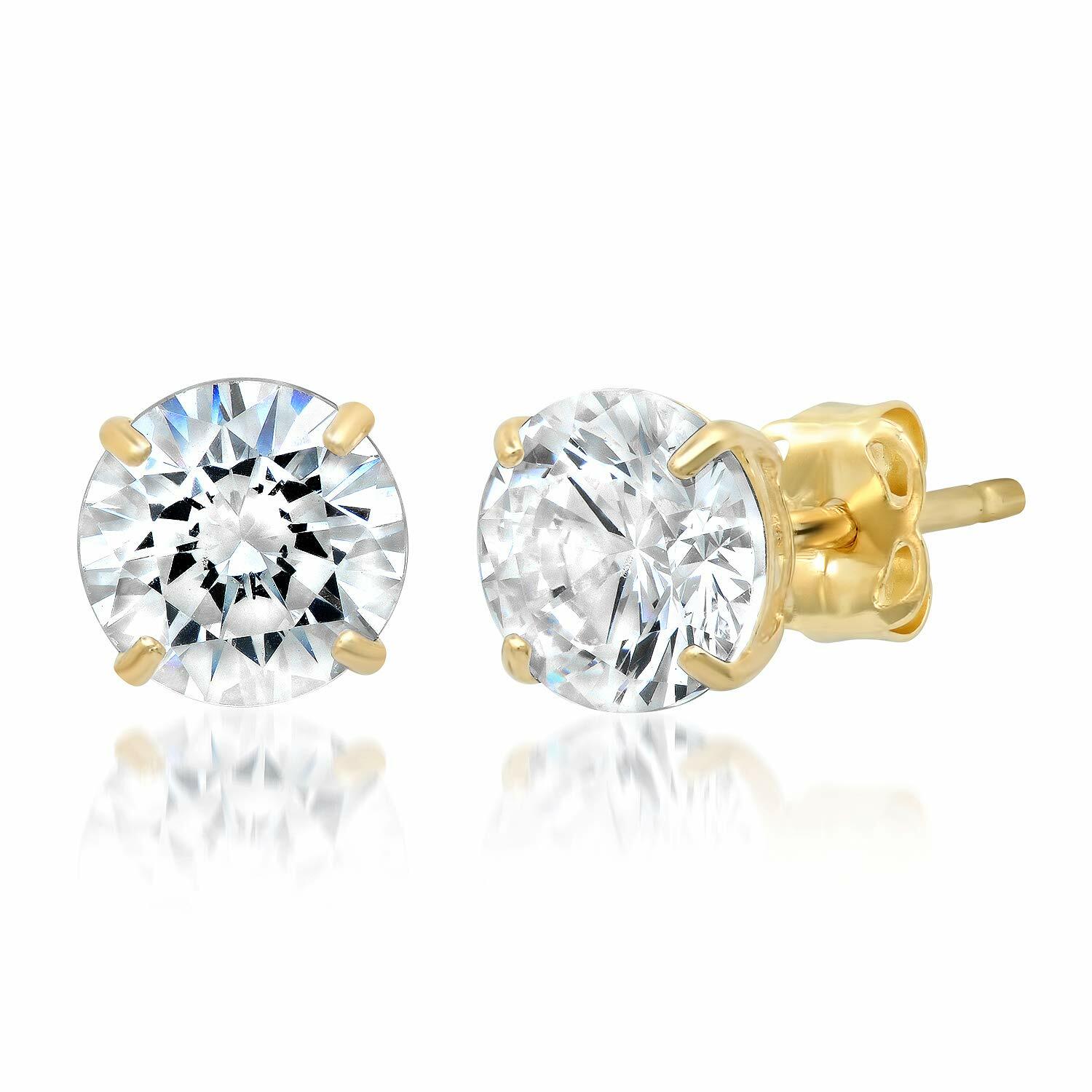 14k Solid Yellow Gold Cubic Zirconia Stud Earrings- Sold as a Pair 20ga