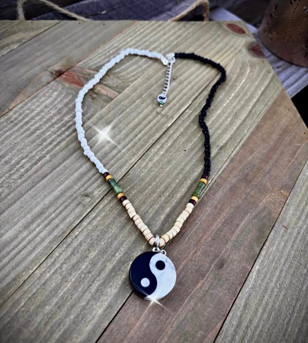 Multicolor Glass & Wood Beaded Necklace w/ Round Yin Yang Pendant, Adjustable