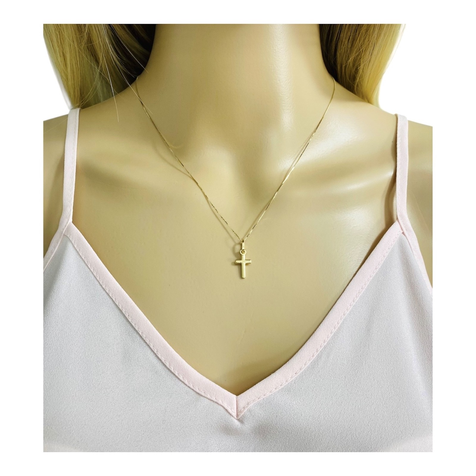 14K Solid Yellow Gold 0.7″ Cross Pendant with 0.5mm Box Chain Necklace – PT142