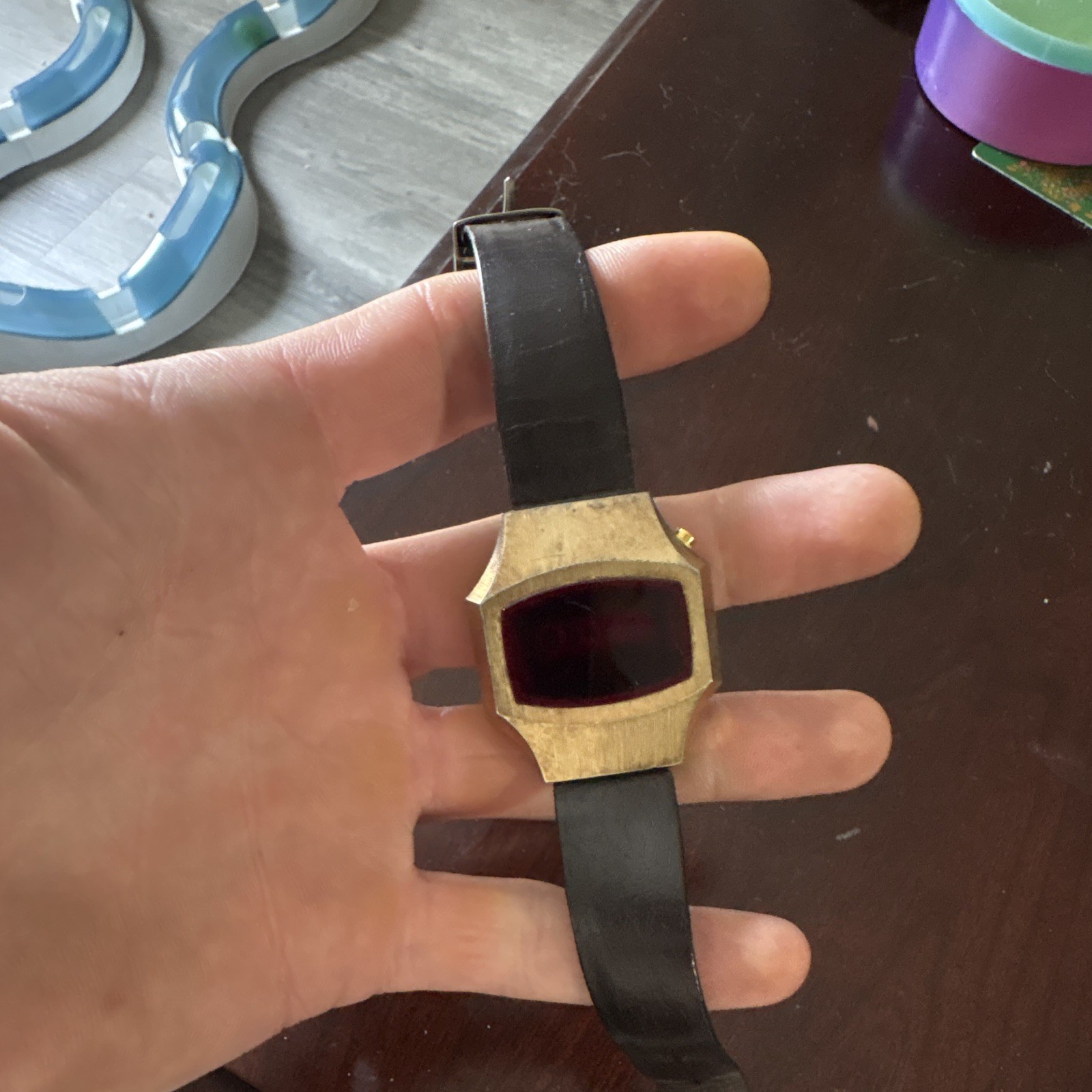 Sears Roebuck Vintage 1970s Digital LED Watch Gold Rect Case Black Leather