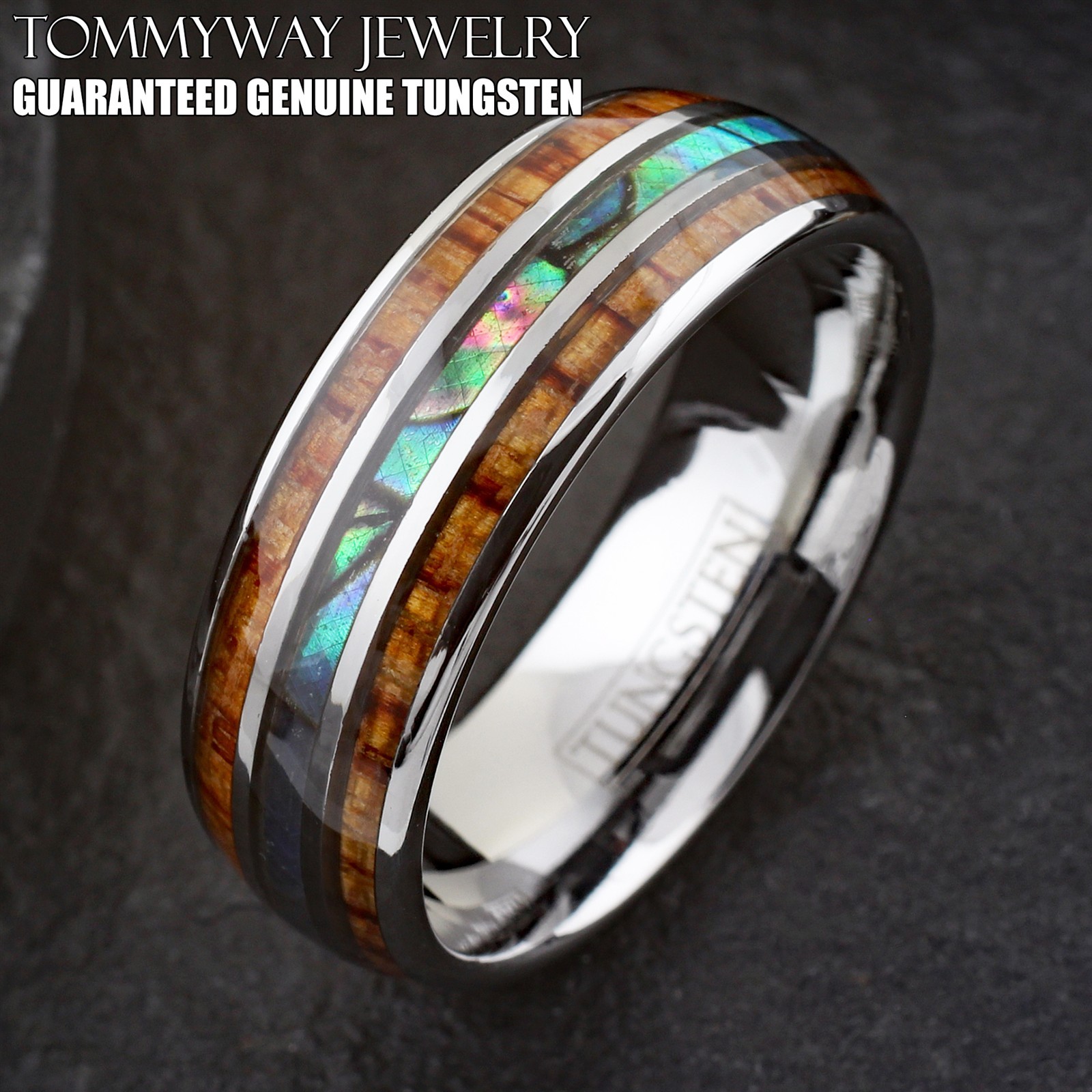 6/8mm Gorgeous Silver Tungsten Carbide Men’s Abalone & Wood Wedding Band Ring