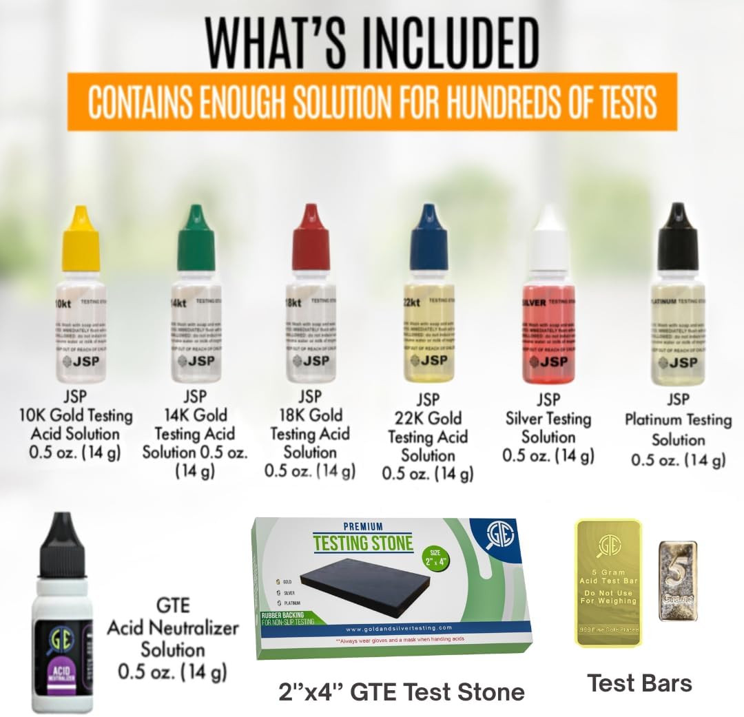 Gold Silver Platinum Jewelry Testing Kit 6 JSP Solutions 10K 14K 18K 22K 24K Sil