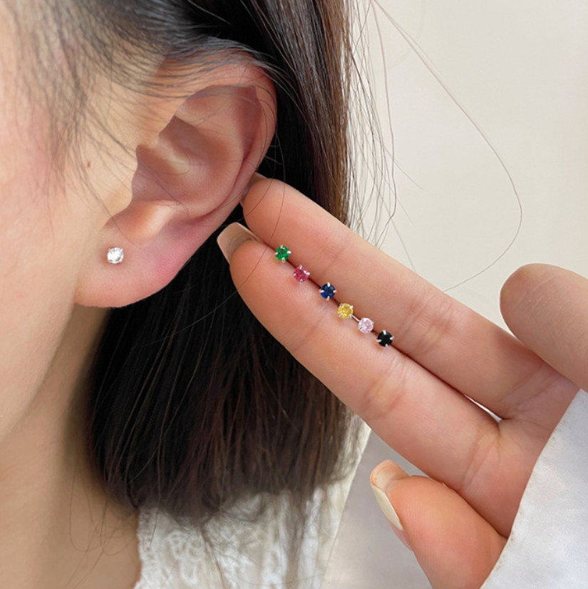GENUINE S999 STERLING SILVER CZ Bone STUD EARRINGS 2mm TINY WOMEN GIRL Bar Ear