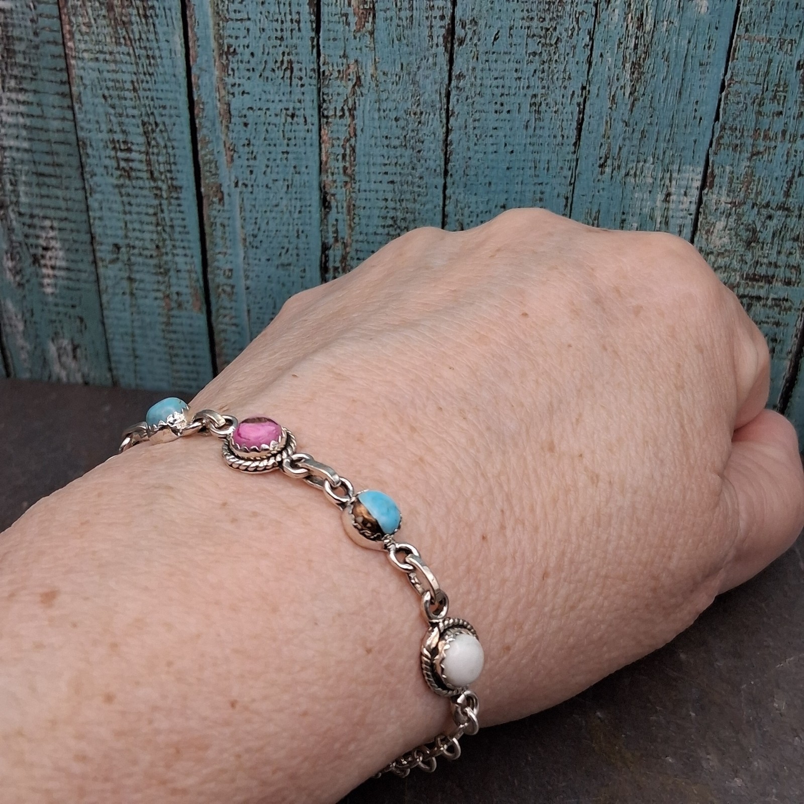 Cotton Candy Turquoise Bracelet Multistone Adj 6-8″ Sterling Silver Southwestern