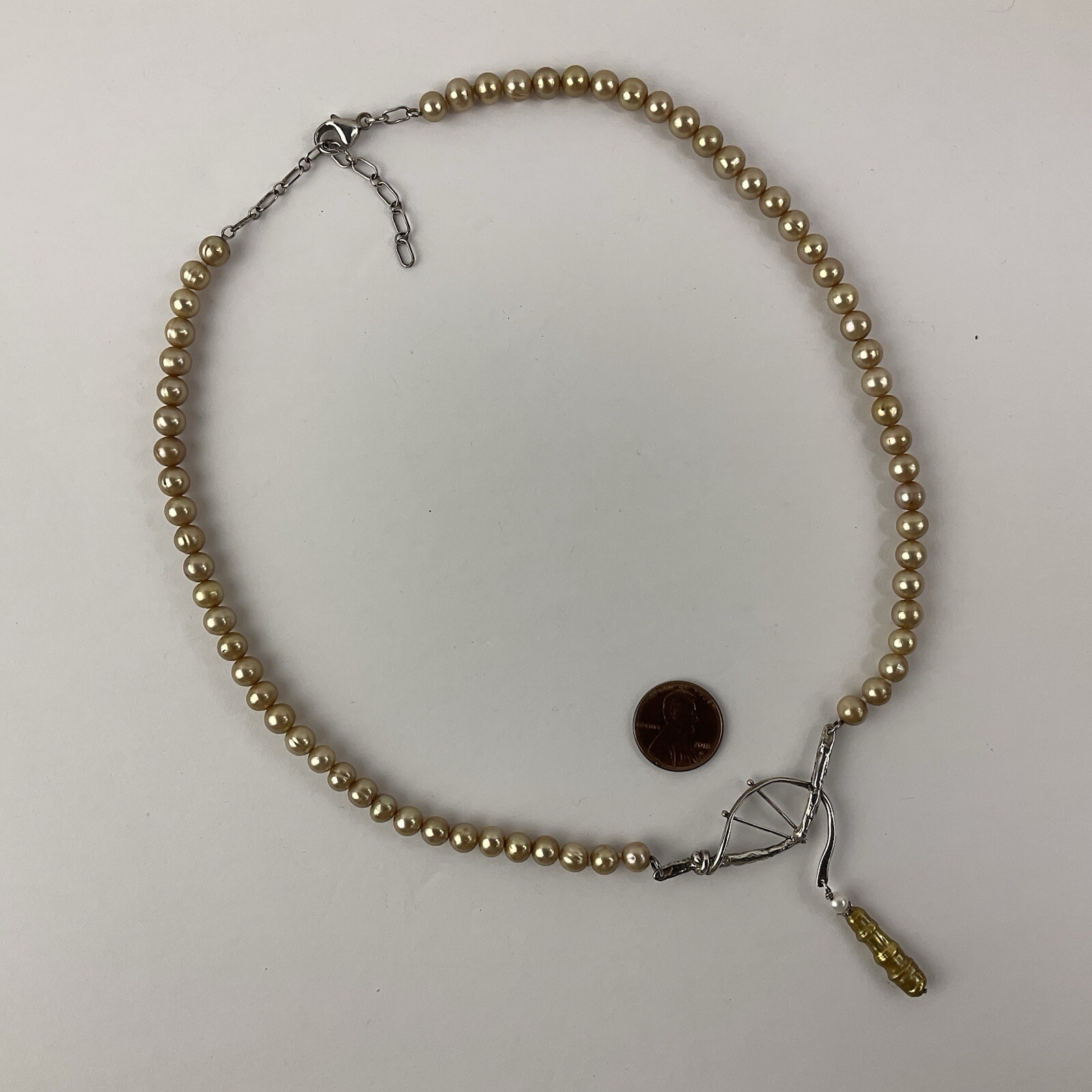 Artisan Sterling Silver Baroque Dangle Pendant Necklace Golden Pearl Near Round