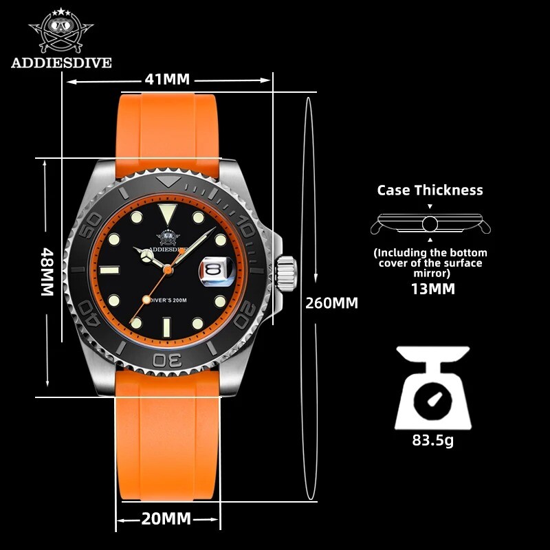 Addiesdive 41mm Quartz Dive Watch 200m Silver Stainless Steel Bezel Rubber Strap