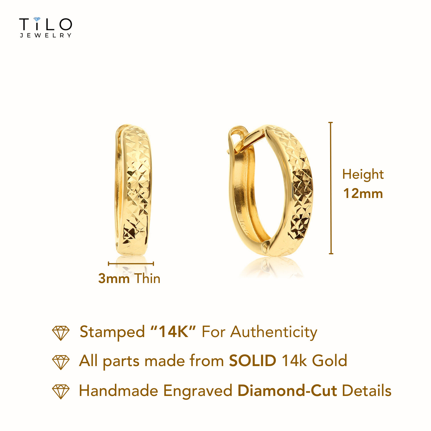 14K Real Solid Gold Round Diamond-Cut Huggie Hoop Earrings Small Size 12MM