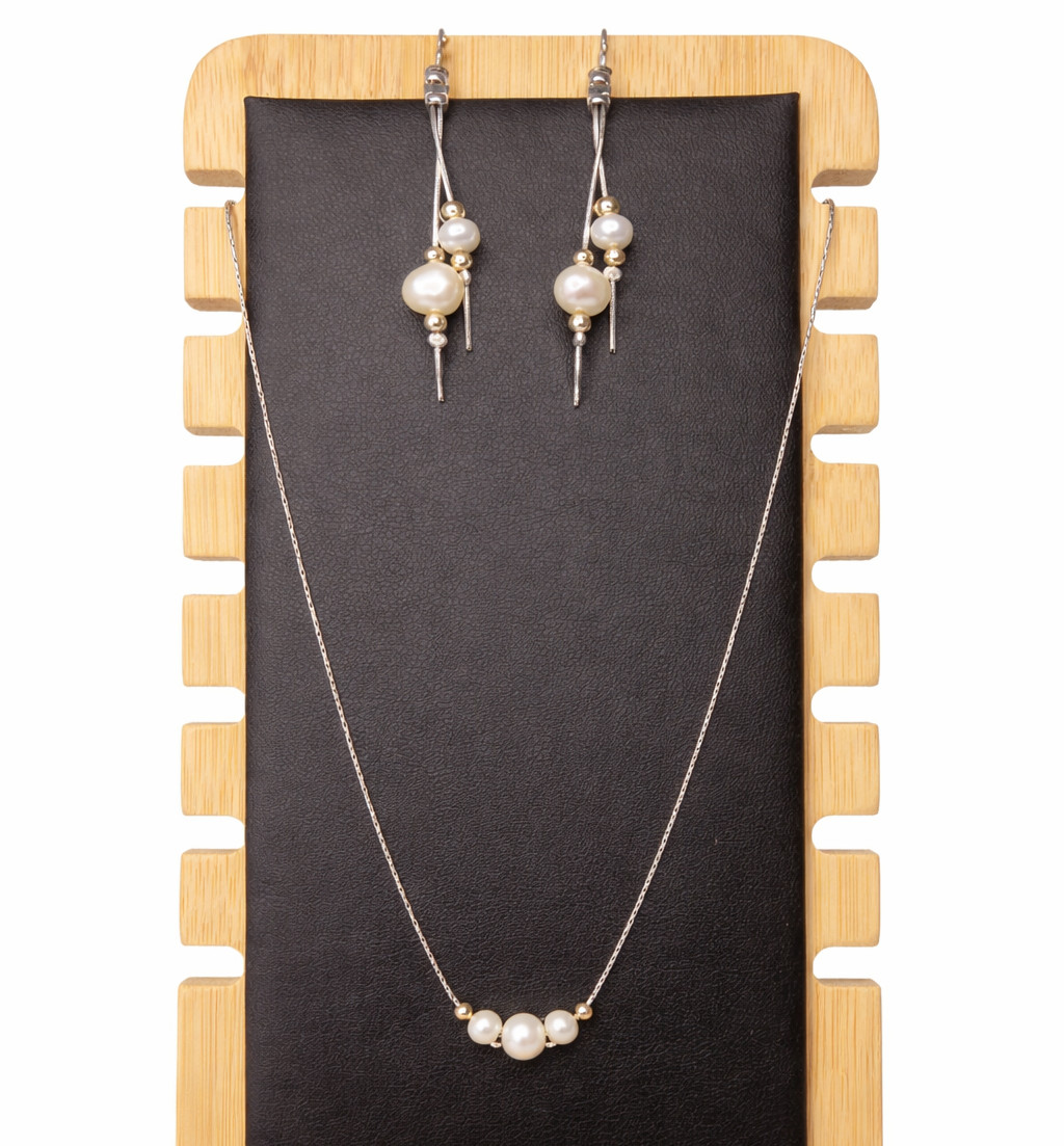 925 Silver Pearl Necklace & Dangle Earrings Set Gold Beads Elegant