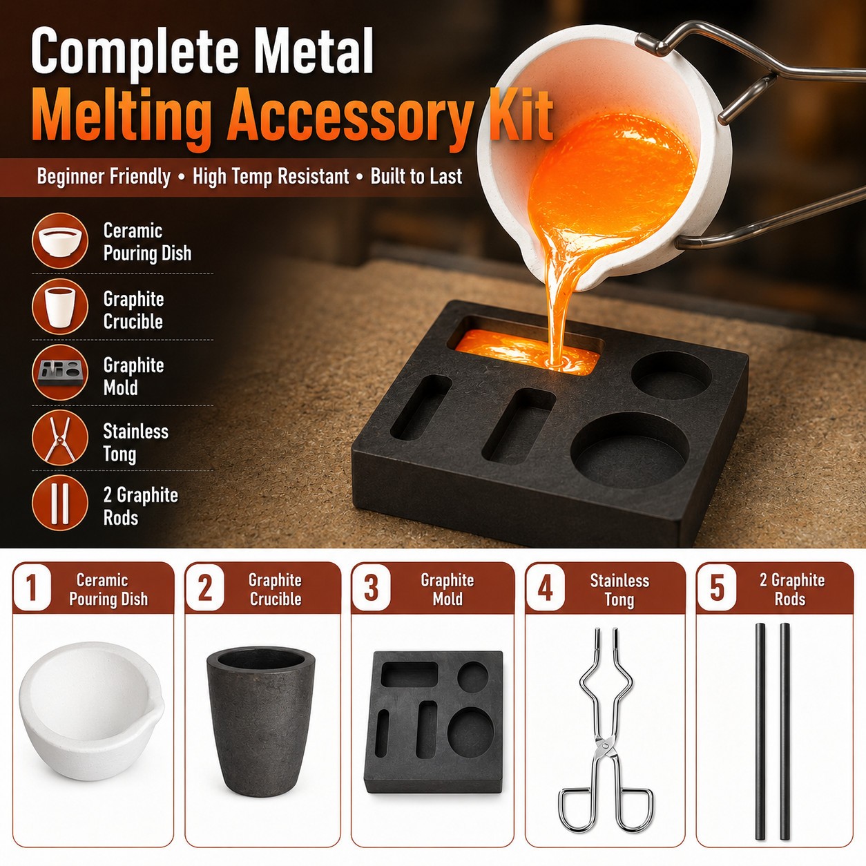 6PCS Graphite Ingot Casting Mold Kit for Gold Silver Copper Refining Melting
