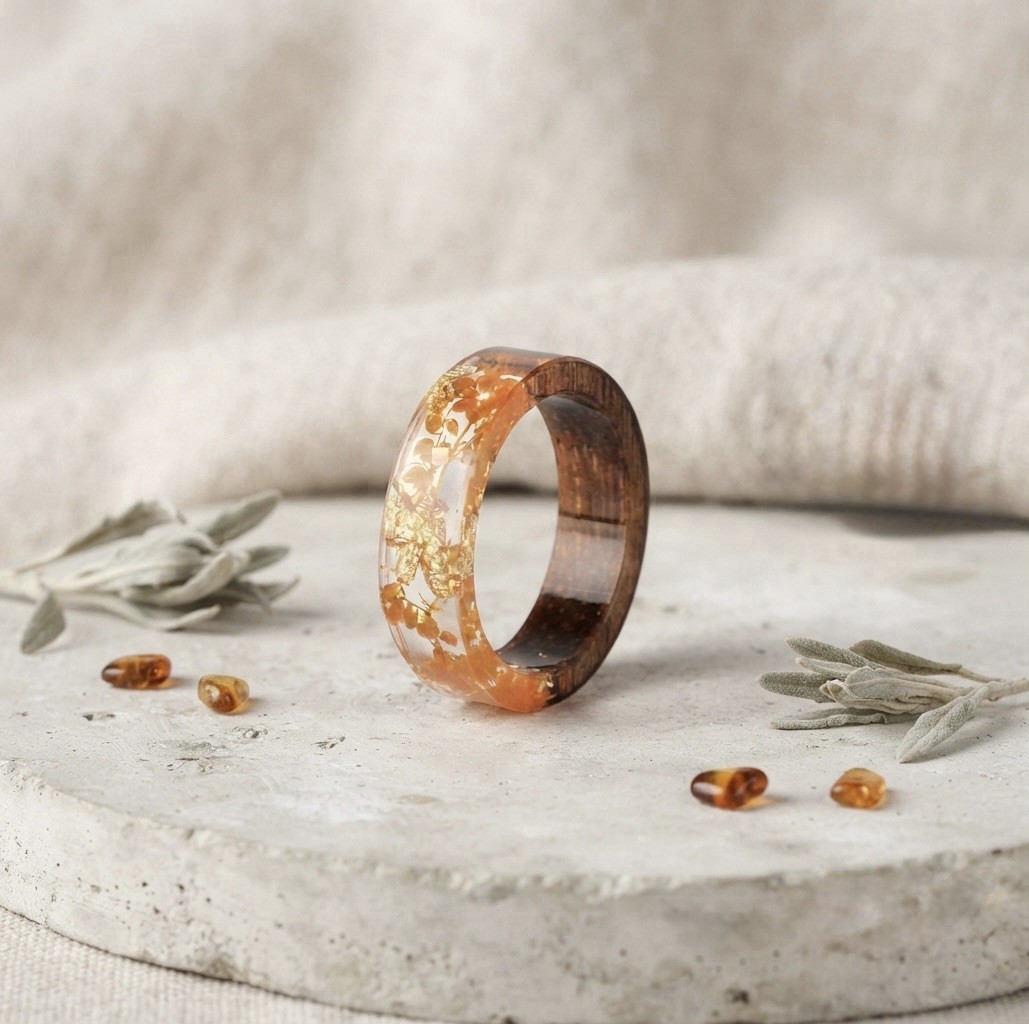 Brown Wood & Resin Band Ring Size 6-8 No Stone, Smooth Minimalist Finger Ring