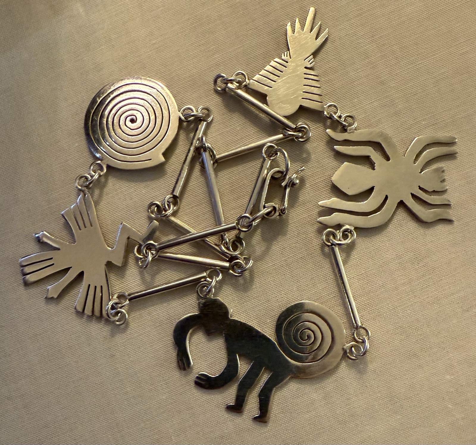 Spirit Animals 🐒🕷️🦇🪶18” Artisan Nazca lines Design Sterling Peru Necklace