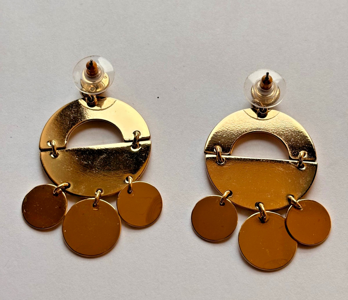 Earrings Gold Tone Geometric Disc Chandelier Crescent Drop Ball Stud Statement