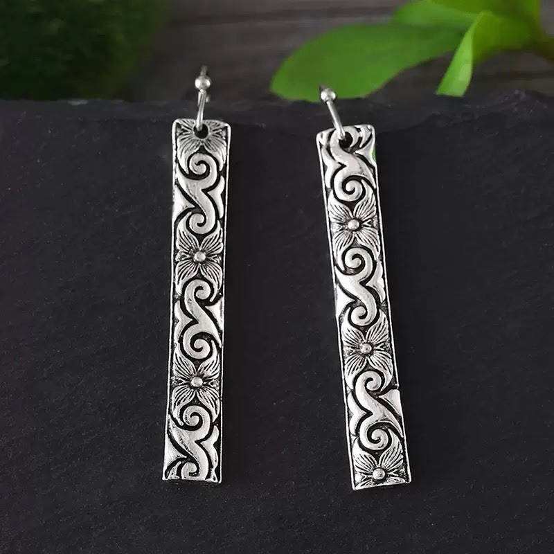 Silver Hook Boho Bar Drop Earrings Vintage Floral Engraved Dangle Earrings B02