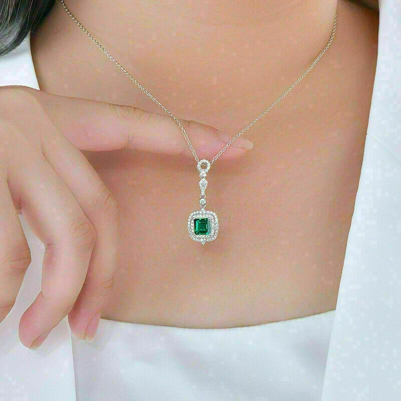 4Ct Princess Cut Green Emerald Halo Pendant 18″ Free Chain 14K White Gold Finish