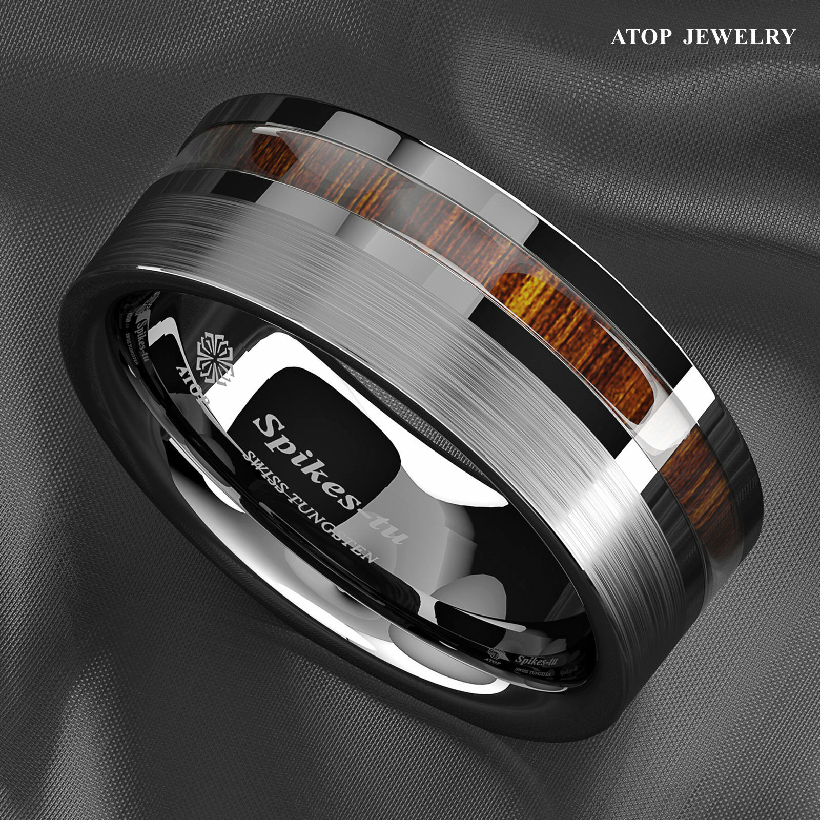 8mm Silver Brushed Tungsten Carbide Ring Off Center Koa Wood ATOP Wedding Band