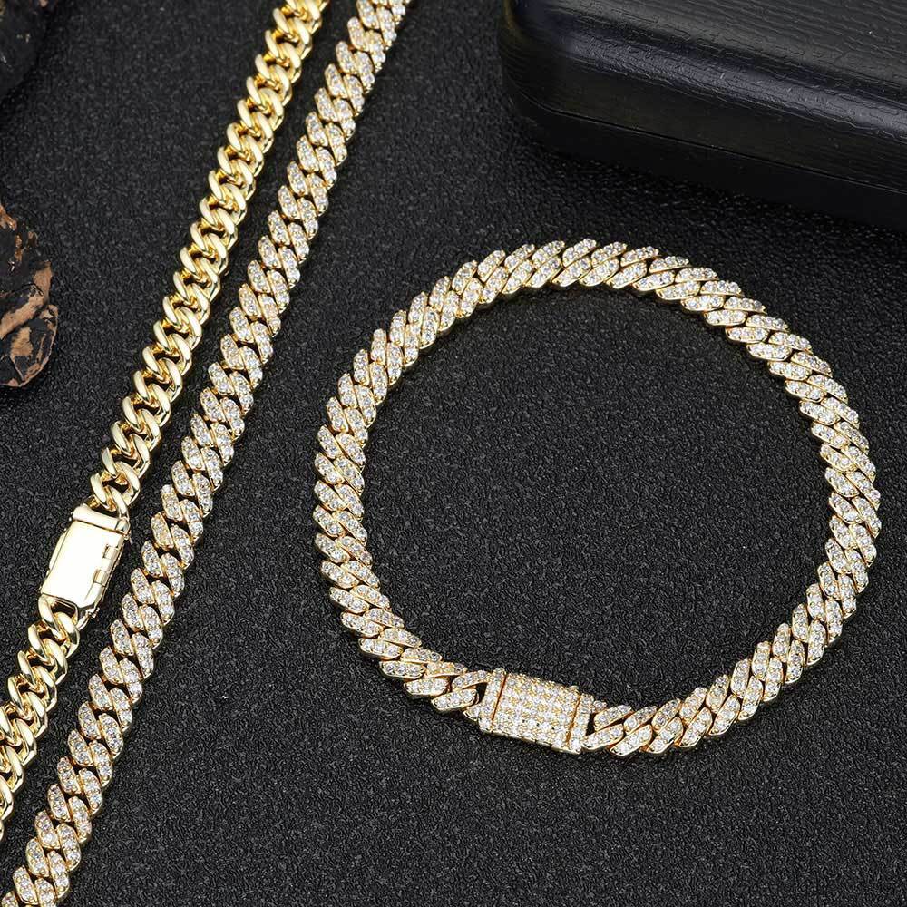 6MM Miami Cuban Link Chain Full Iced CZ Out Necklace Gold Plated Stainless Steel