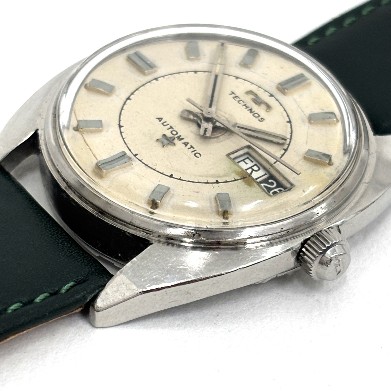 Vintage 1970s Technos Sky Light Automatic 35mm Day Date Swiss ETA 2638 Running