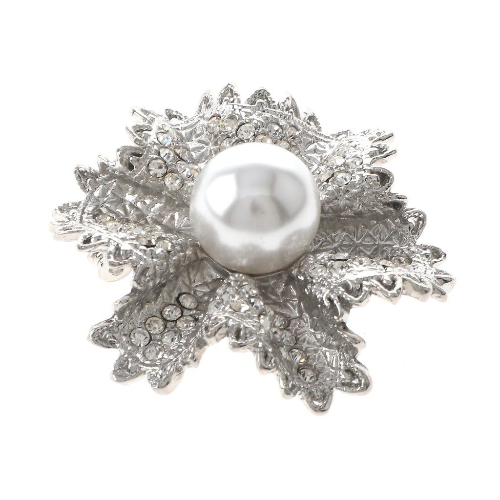 Silver Tone Alloy Metal Flower Brooch With Rhinestone & Pearl P1540-SWP