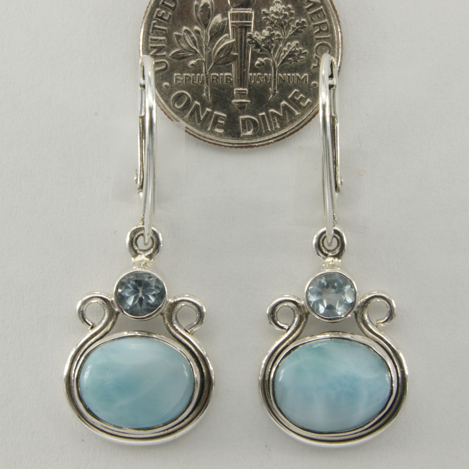 Blue Oval LARIMAR Topaz Dangle Drop Earrings 925 STERLING SILVER Leverback 6e