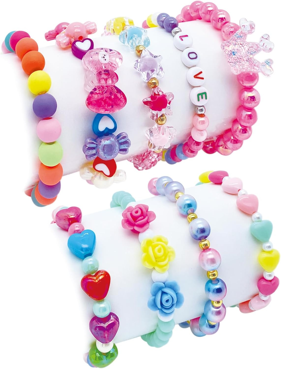New 9 PCS Cute Kids Bracelets for Girls Pink LOVE Beaded Bracelets Little Girls