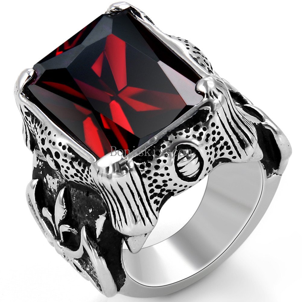 Vintage Black Stainless Steel Mens Fleur de Lis Dragon Claw Ring Square Red CZ