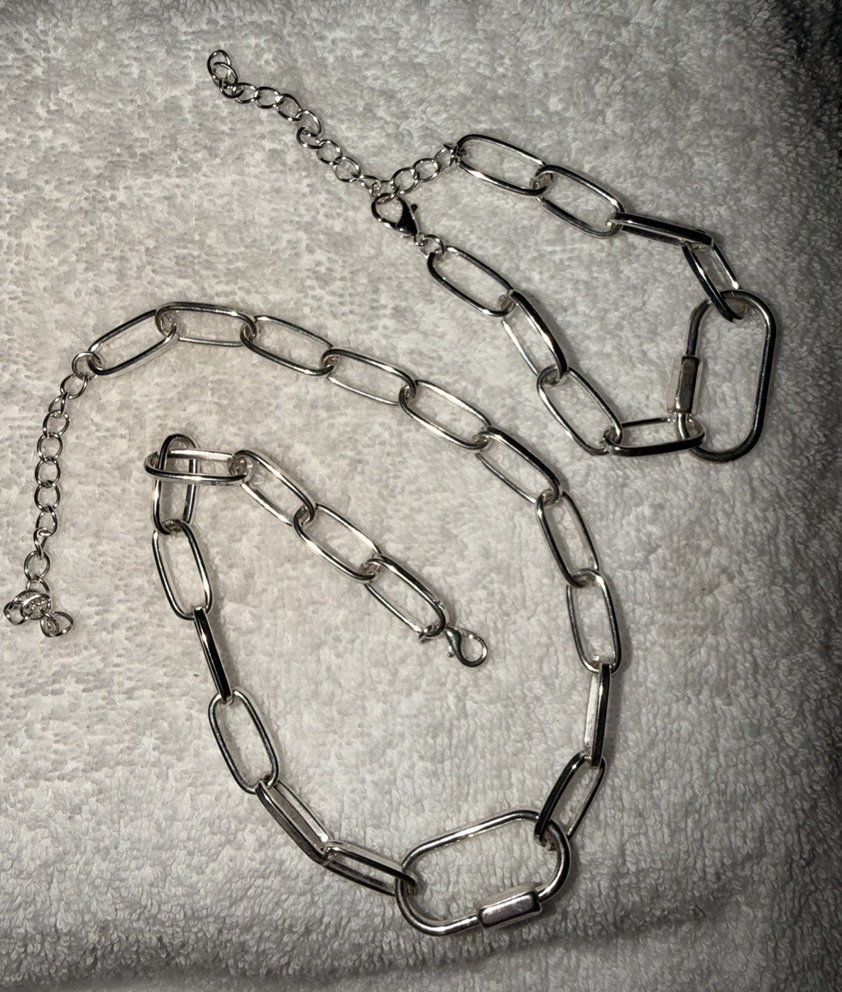 Silver Tone Paperclip Bar Link Chain Necklace, Adjustable Extender Lobster Clasp