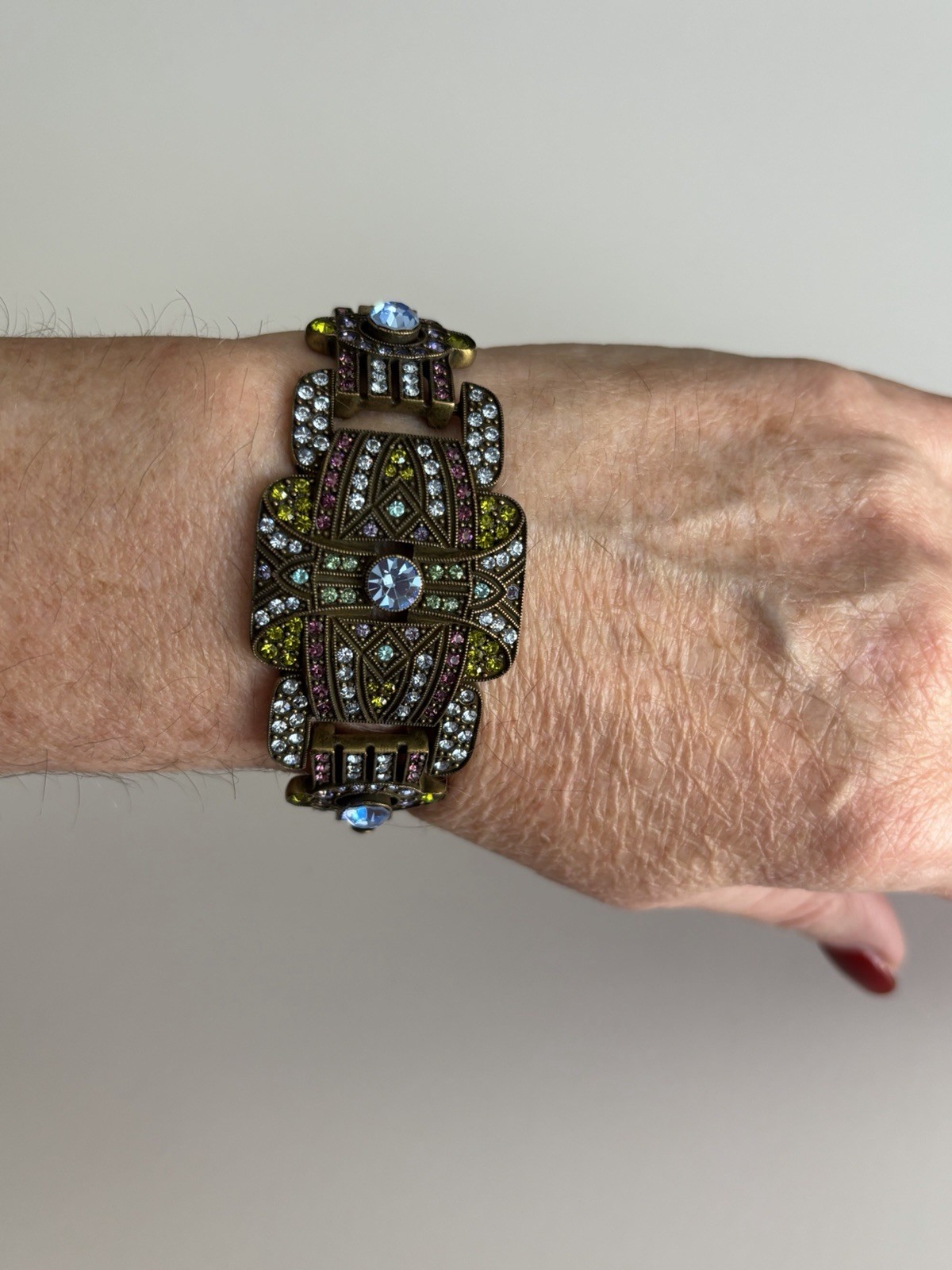 Heidi Daus Signed Art Deco Crystal Rhinestone Bracelet Bronze Tone 7.5″