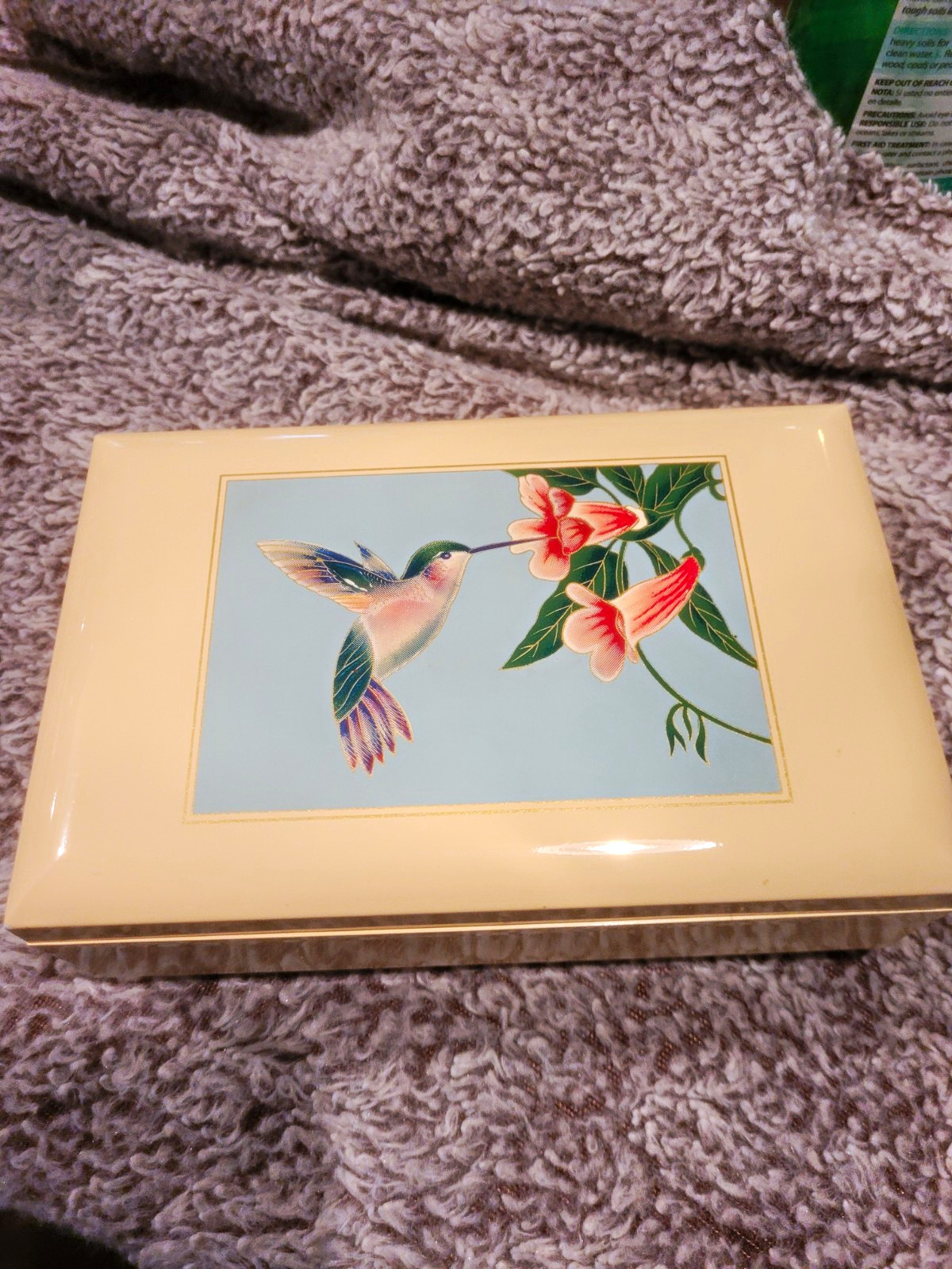 San Francisco Music Box Co Beige Jewelry Box Mirror Lined Velvet Hummingbird