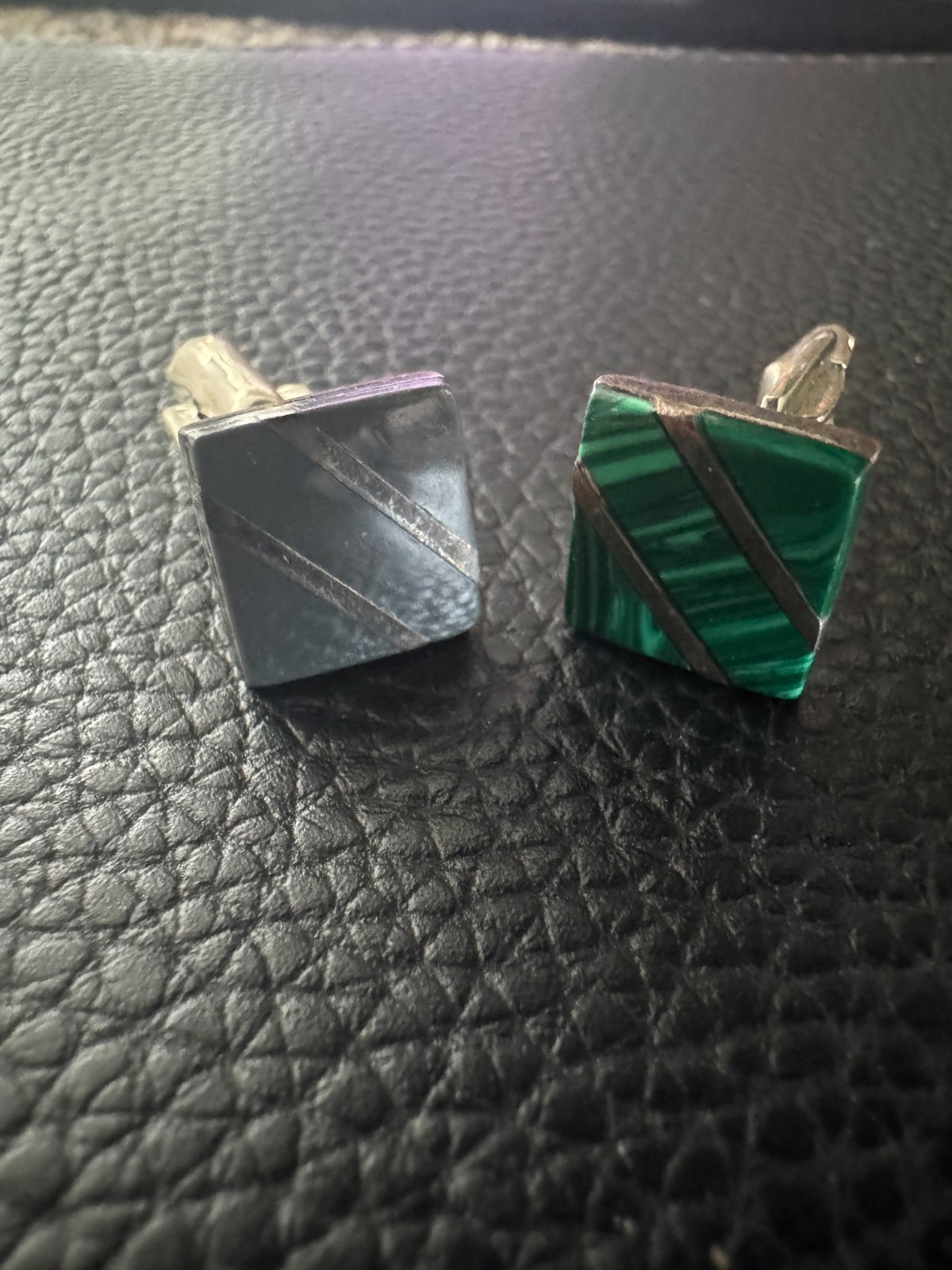Vintage Mexican Sterling Silver Cufflinks, Malachite & Hematite Inlay