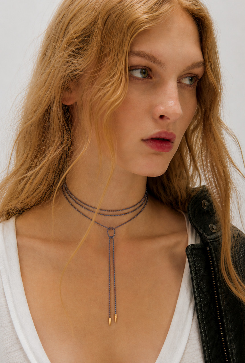 Lapis Lariat Necklace 36″ Silk Knotted Brass Tips Anthropologie Style