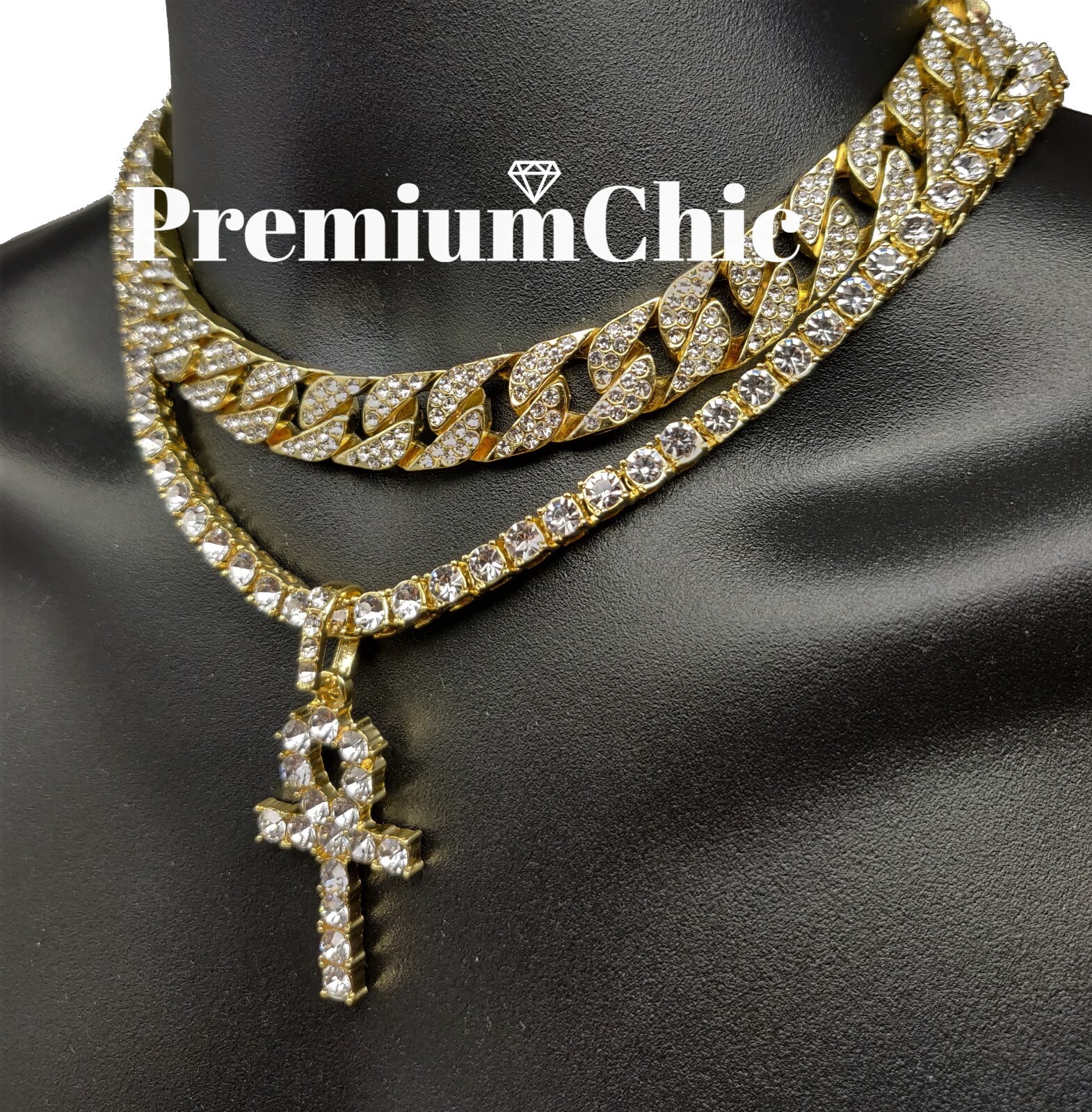 3pc Combo, ANKH Pendant + Tennis Chain + Cuban Choker Gold Plated CZ Jewelry