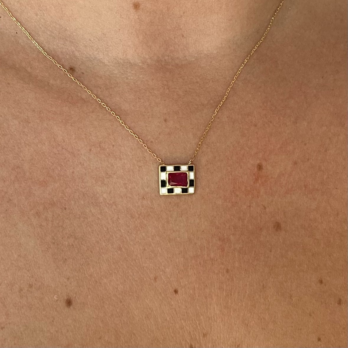 14k Gold Lab-Created Ruby Checkerboard Necklace Black White Enamel Pendant Women