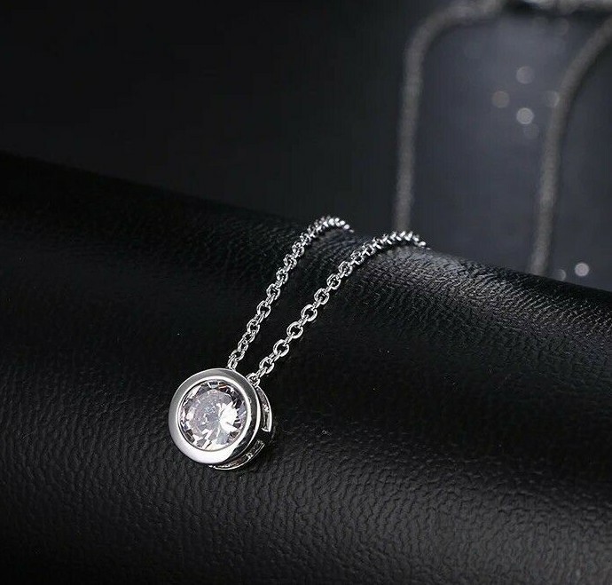 2Ct Bezel Set Solitaire Pendant Necklace Silver Rhodium Plated CZ Crystal N40