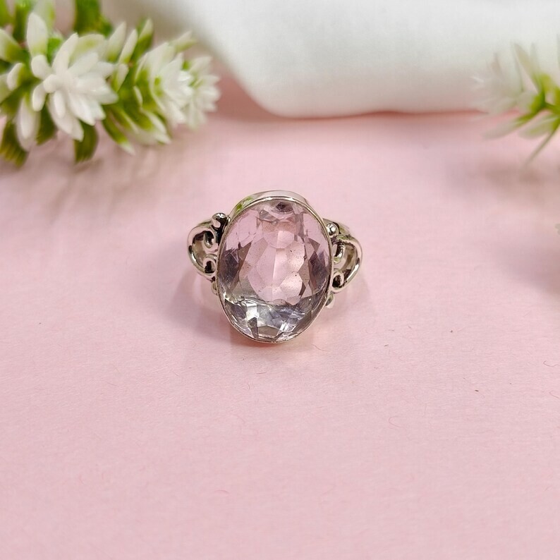 Oval Pink Morganite 925 Sterling Silver Band& Statement Ring Handmade All Size