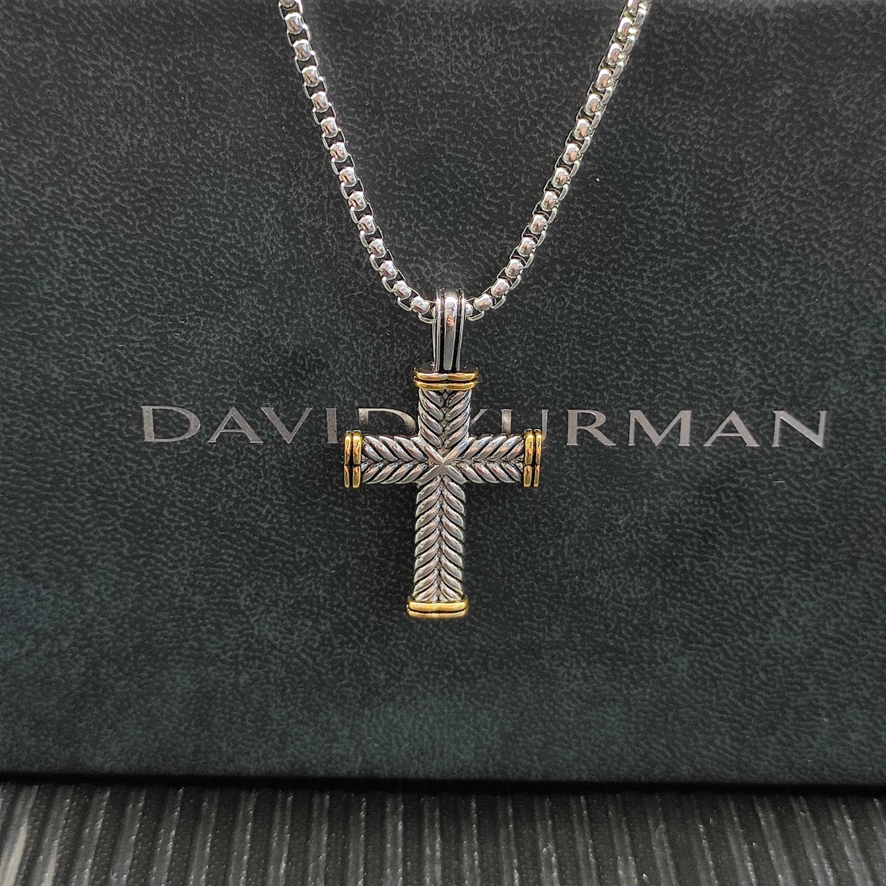 David Yurman Classic Cable Wire Cross Pendant 925Silver 18K Gold Necklace 19.6IN