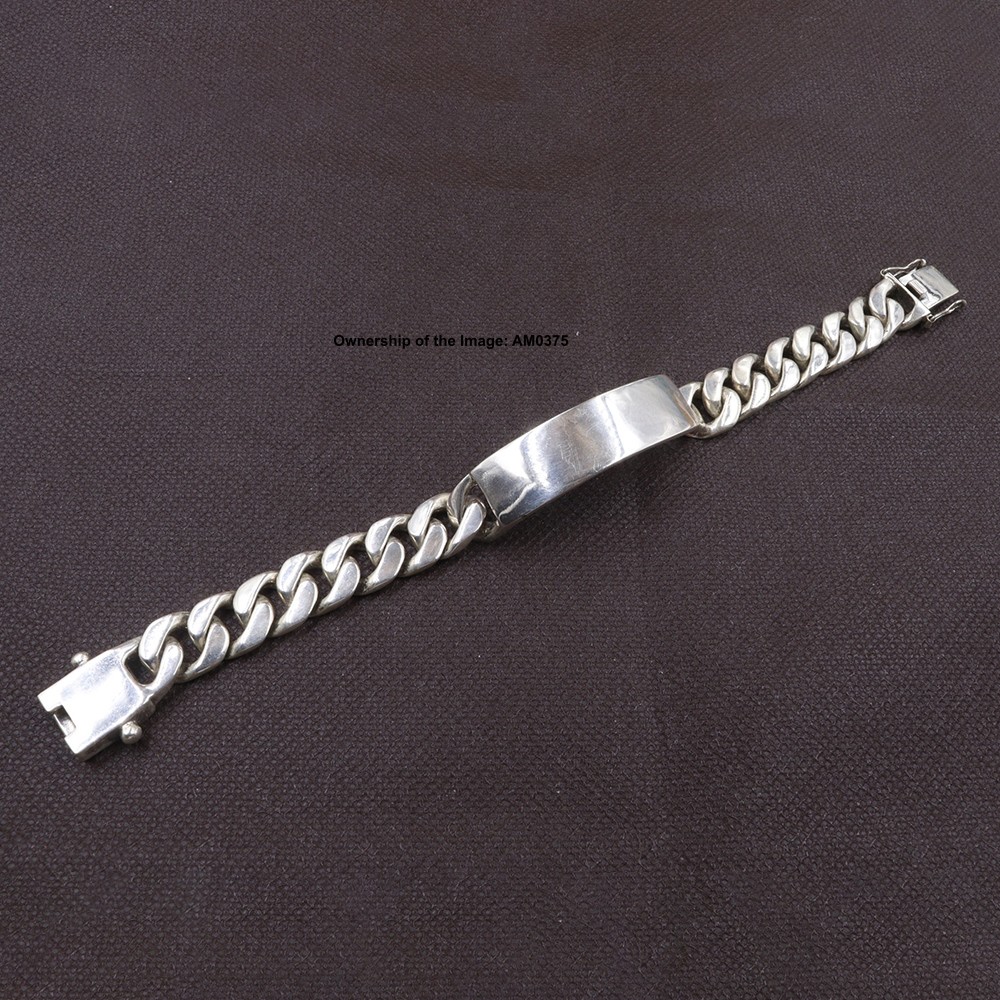 Solid 925 Sterling Silver Curb Link Bracelet W/ Plain Long Plate Bangle 7.9inch