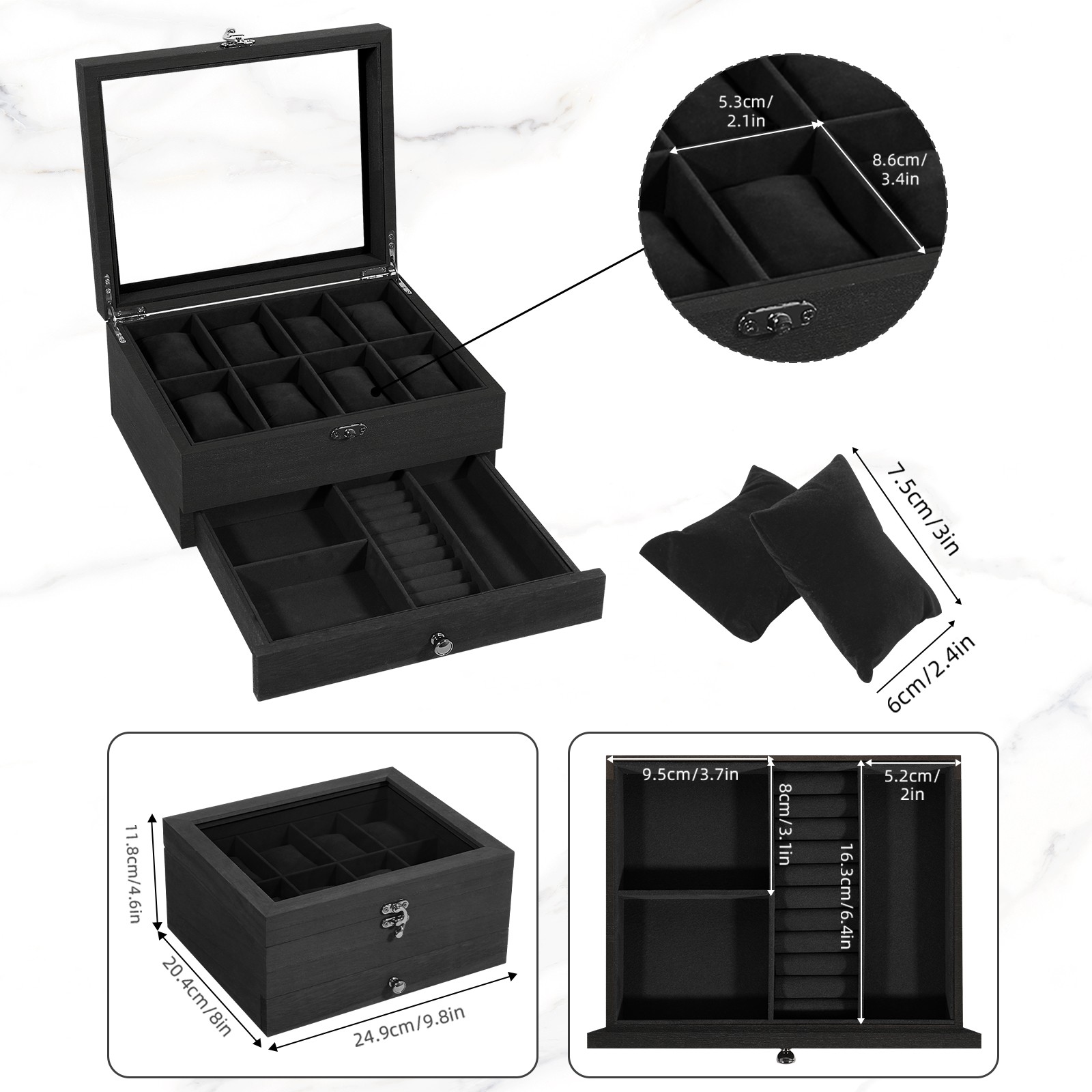 8 Slots Watch Box Solid Wood Watch Case Glass Lid Jewelry Storage Display Case