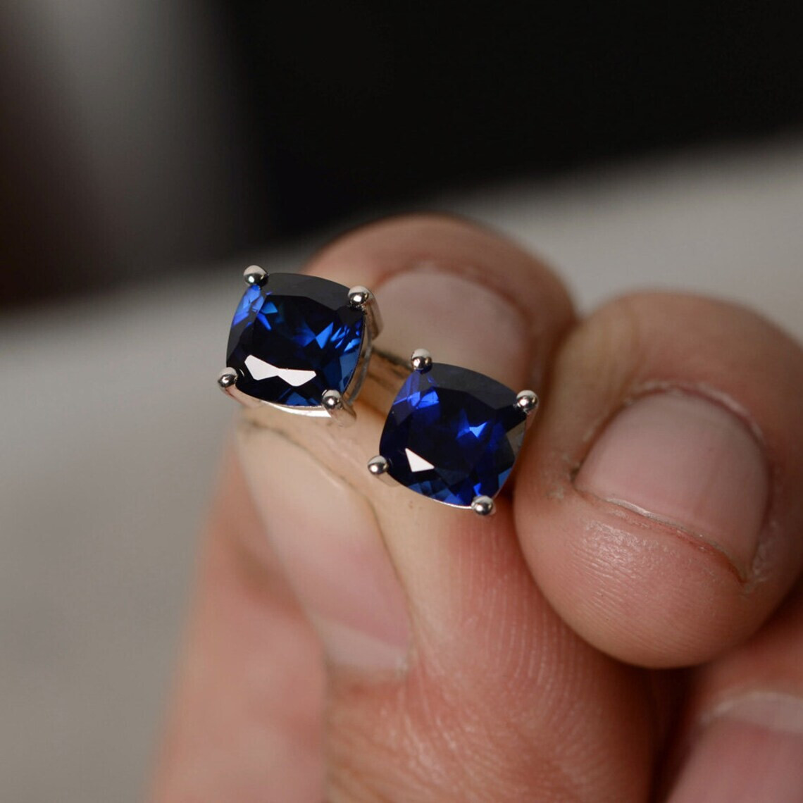 Lab Created Blue Sapphire Cushion 925 Solid Silver Women Designer Stud Earrings