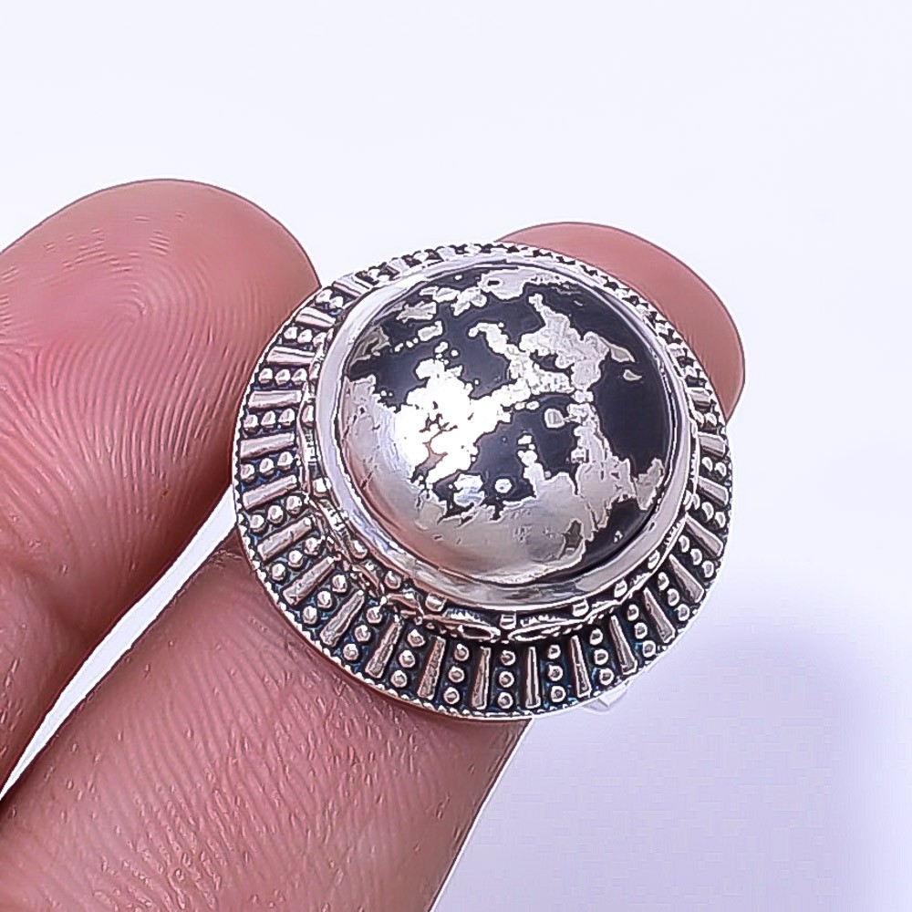 Healer’S Gold Pyrite In Magnetite Fine Art Oxidised Gemstone 925 Silver Ring 7 R
