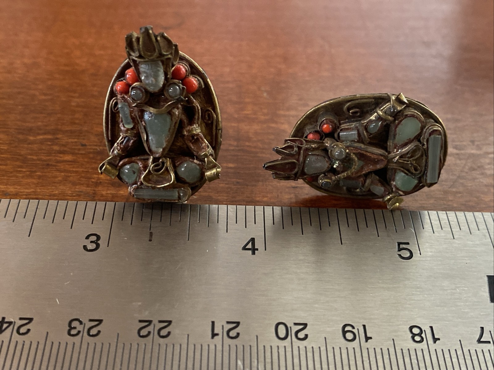 Nepal Carved Face Sitting Deity Cuff links Unisex Glass Figural Brass Artisan