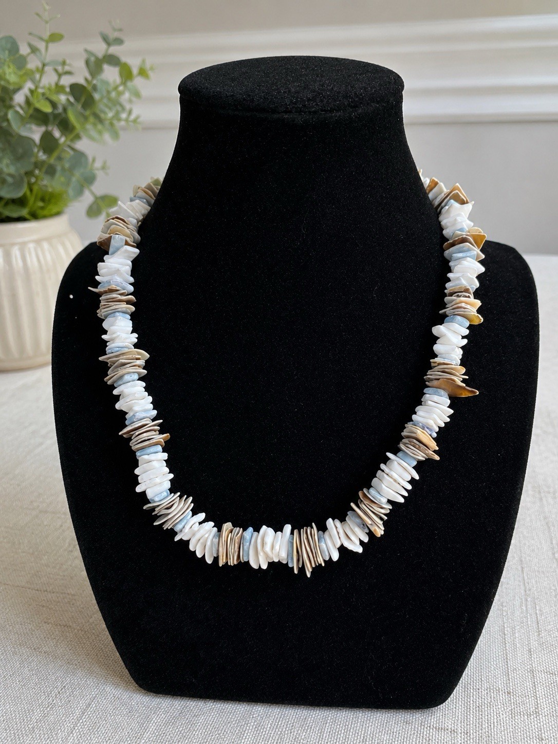 Natural Shell Chip Beaded Necklace White Brown Blue Beach Boho Coastal 18”