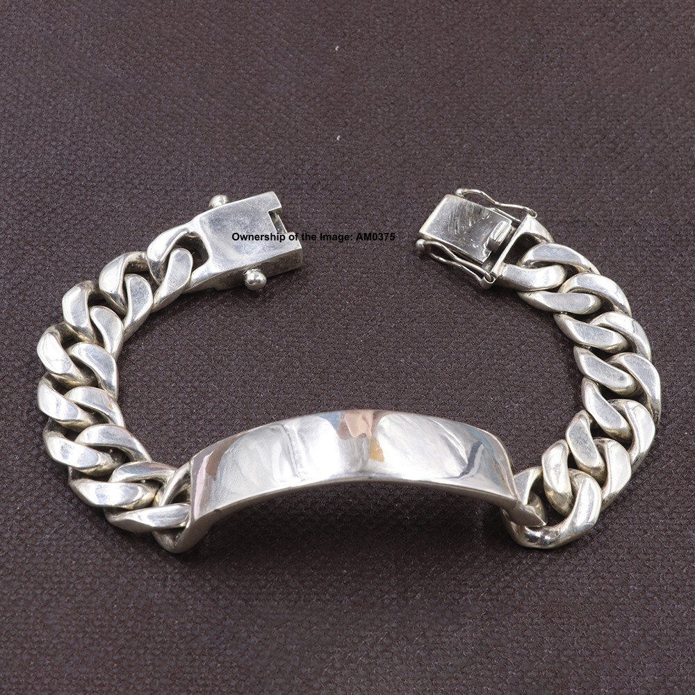 Solid 925 Sterling Silver Curb Link Bracelet W/ Plain Long Plate Bangle 7.9inch