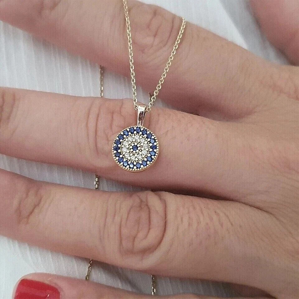0.30 Ct Simulated Diamond Evil Eye Pendant Necklace in 14K Yellow Gold Plated