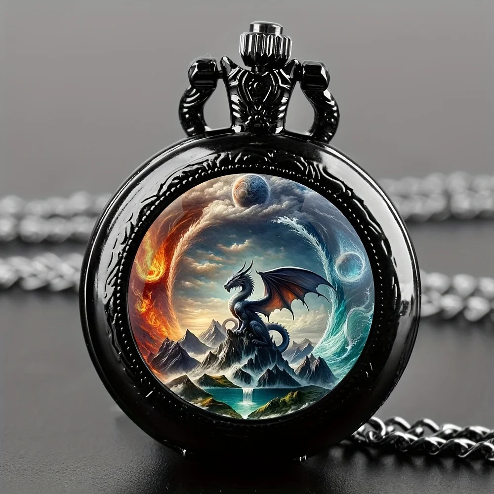 Multi Color Dragon Animal Design Antique Necklace Pendant Quartz Pocket Watch