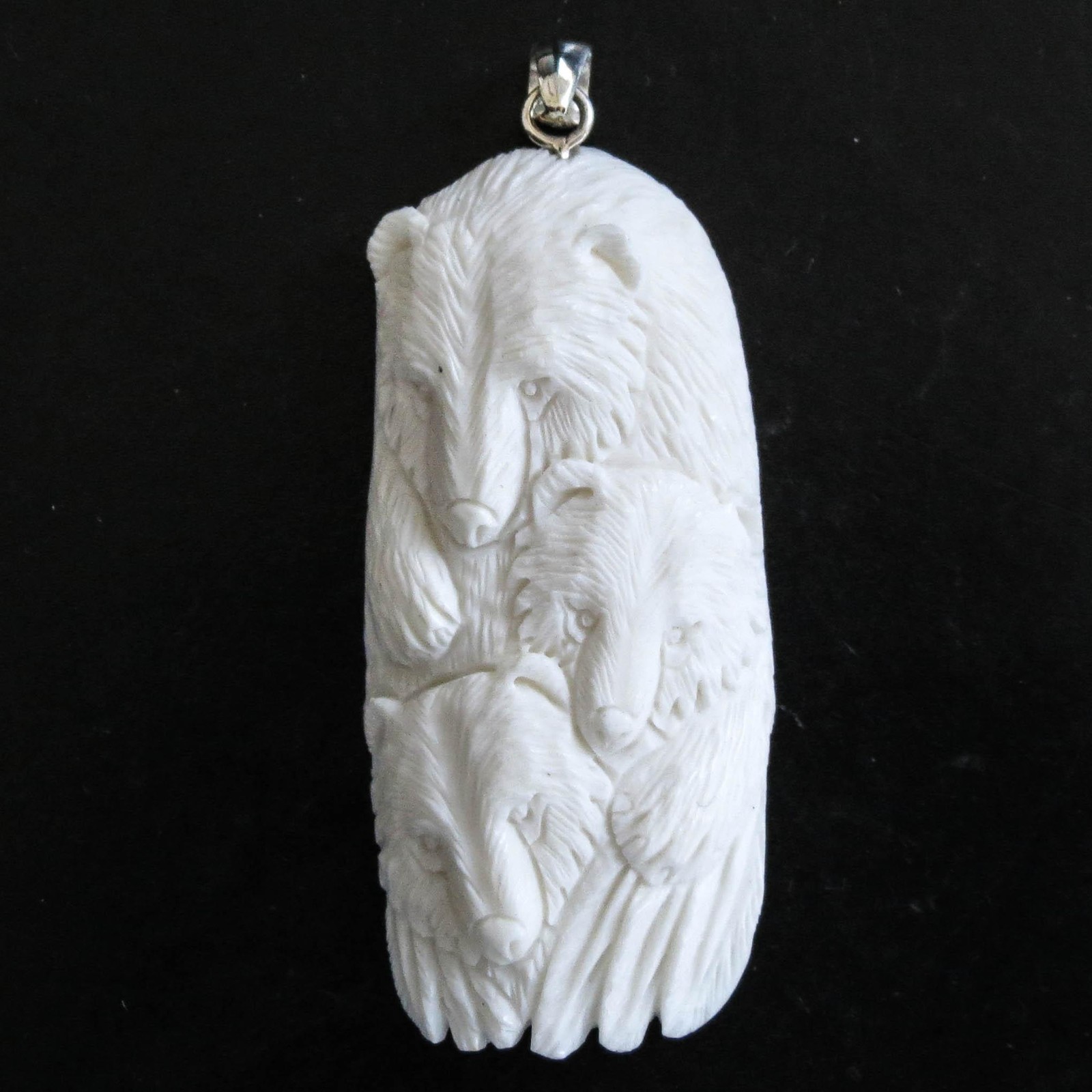 925 Silver Grizzly Bear With Cubs Bison Bone Hand Carving Sterling Pendant, 3″