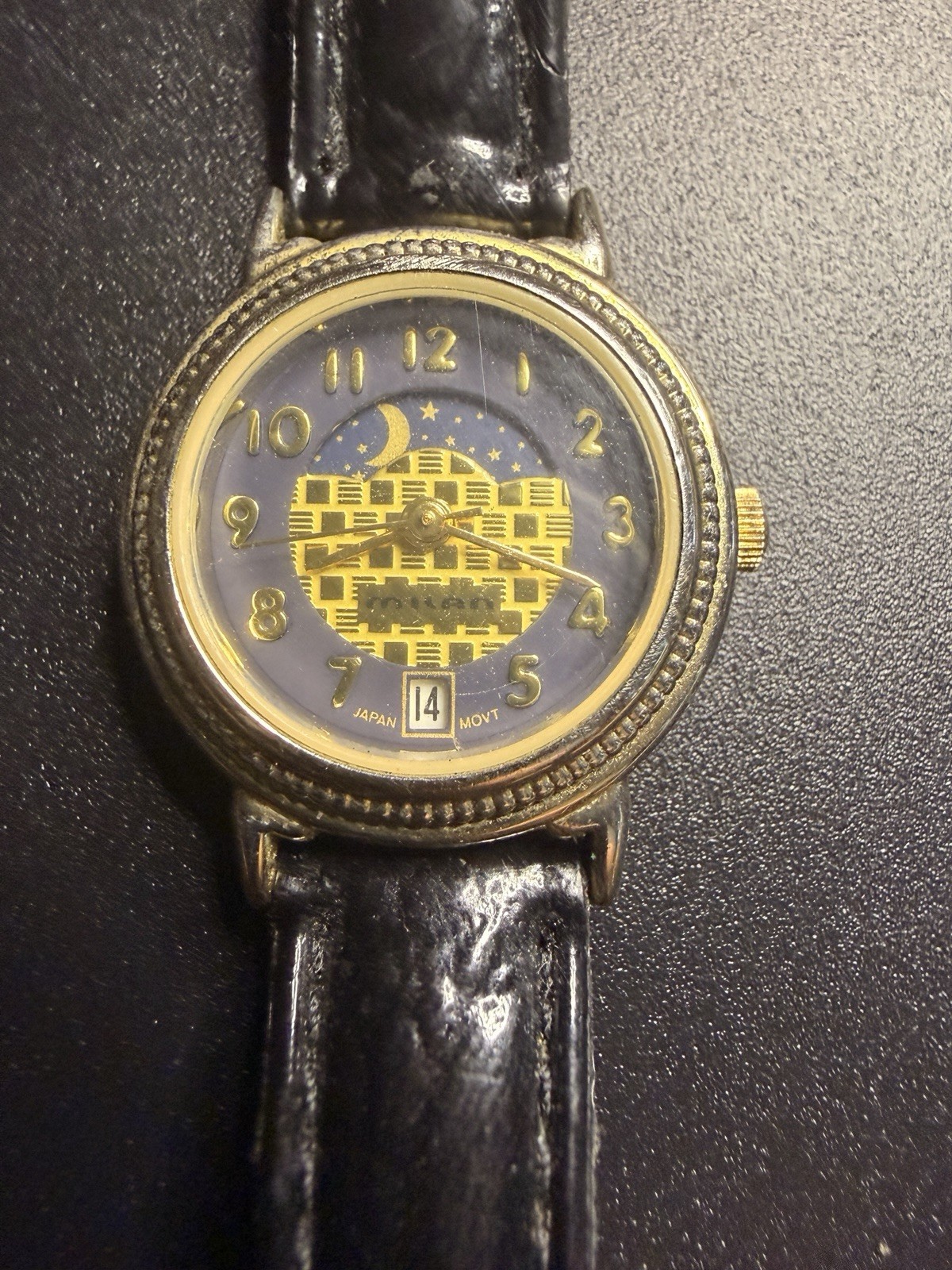 Vintage Milan Moon Phase Woman’s Watch Black Leather Band Black Face #W5166