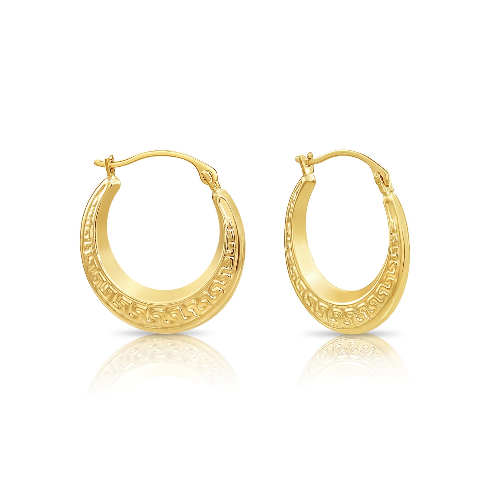 14K Real Solid Yellow Gold Greek Key Curved Round Creole Hoop Earrings 16MM 18MM