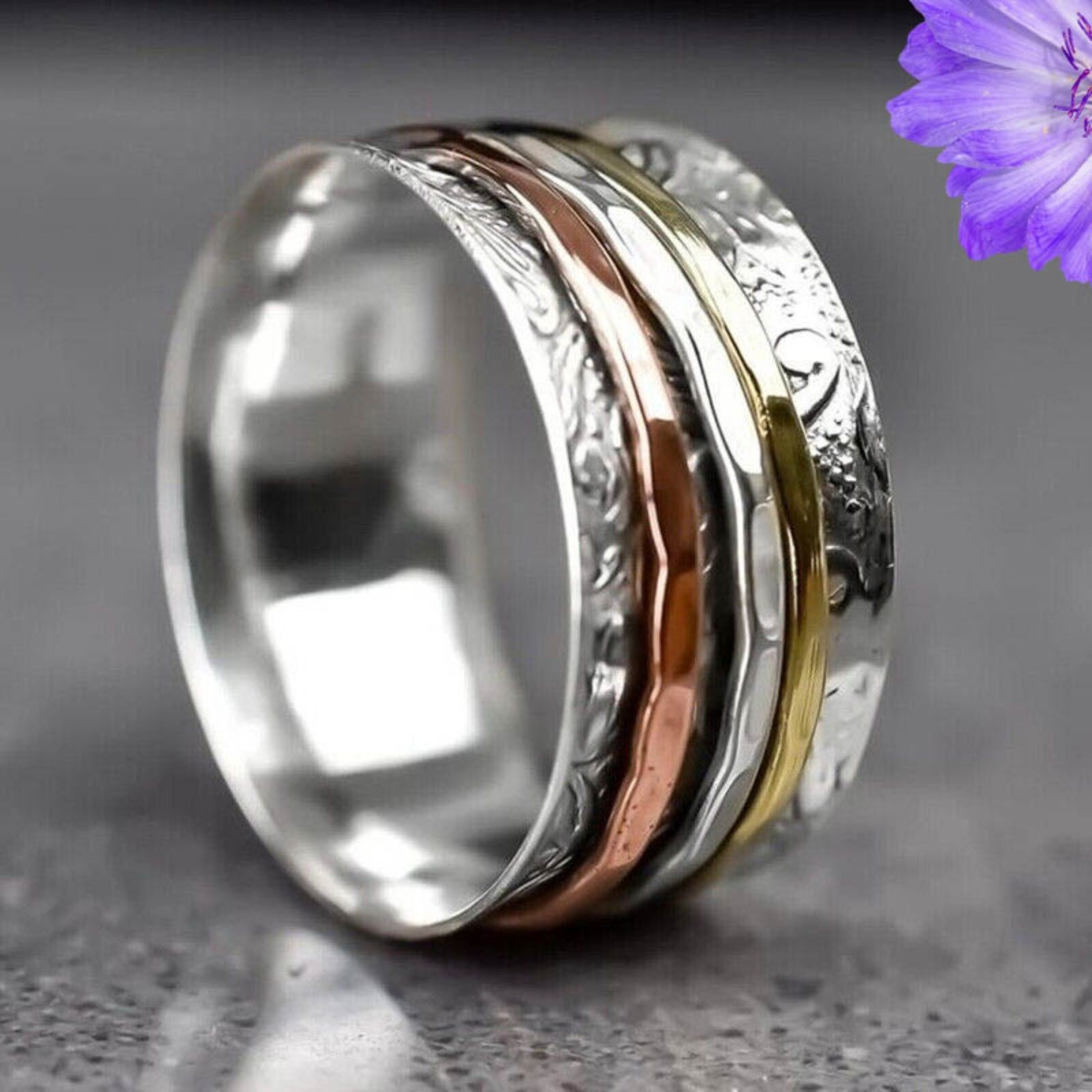 Two Tone Spinner Ring 925 Sterling Silver Handmade Jewelry Ring Gift For Her