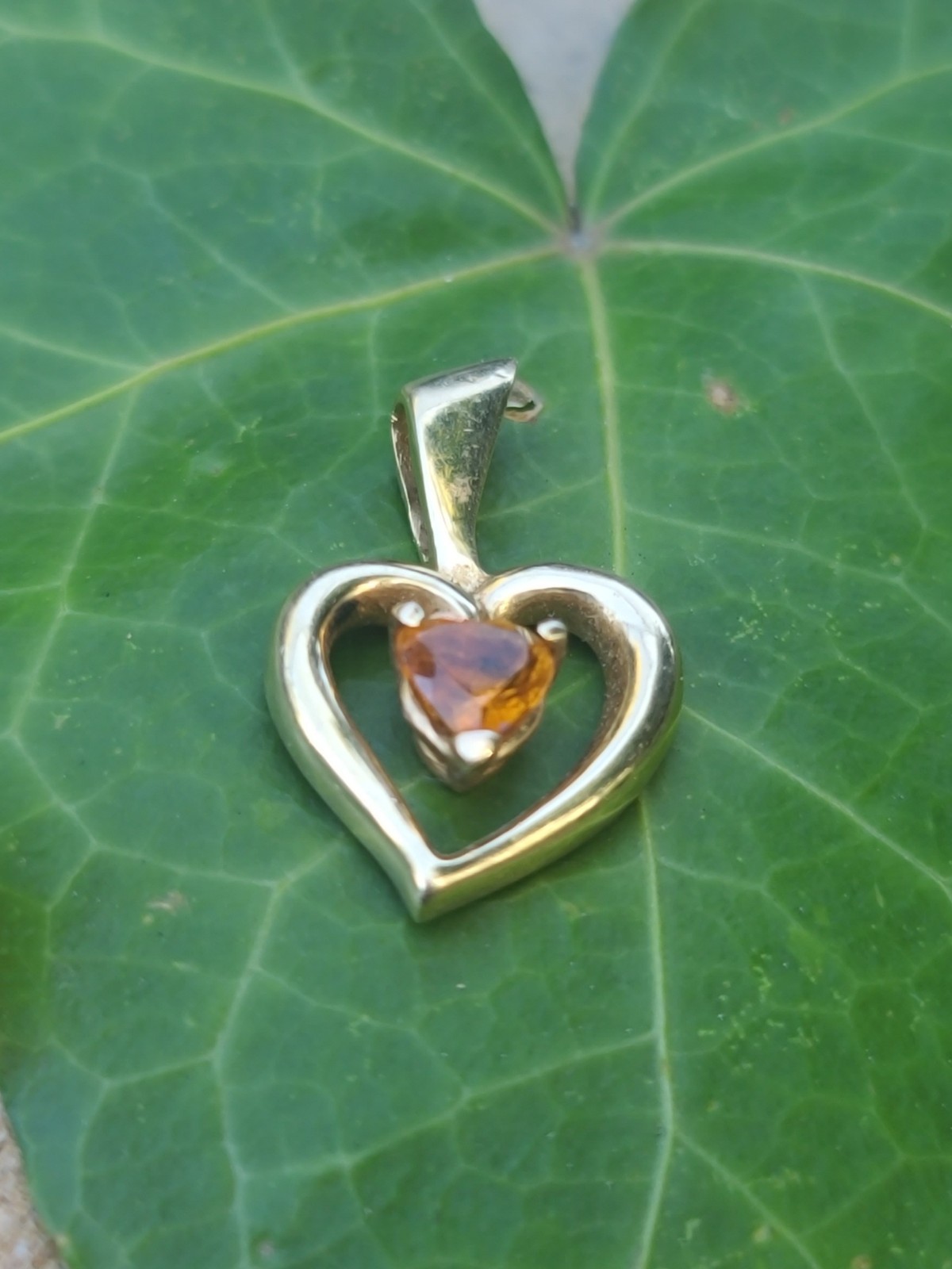 14k Solid Yellow Gold Orange Citrine Heart Charm Necklace Pendant 2grams