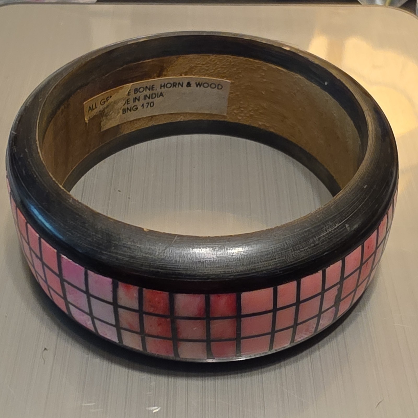 Bone Horn Wood Bangle Bracelet Black Pink Mosaic Inlay India BNG 170